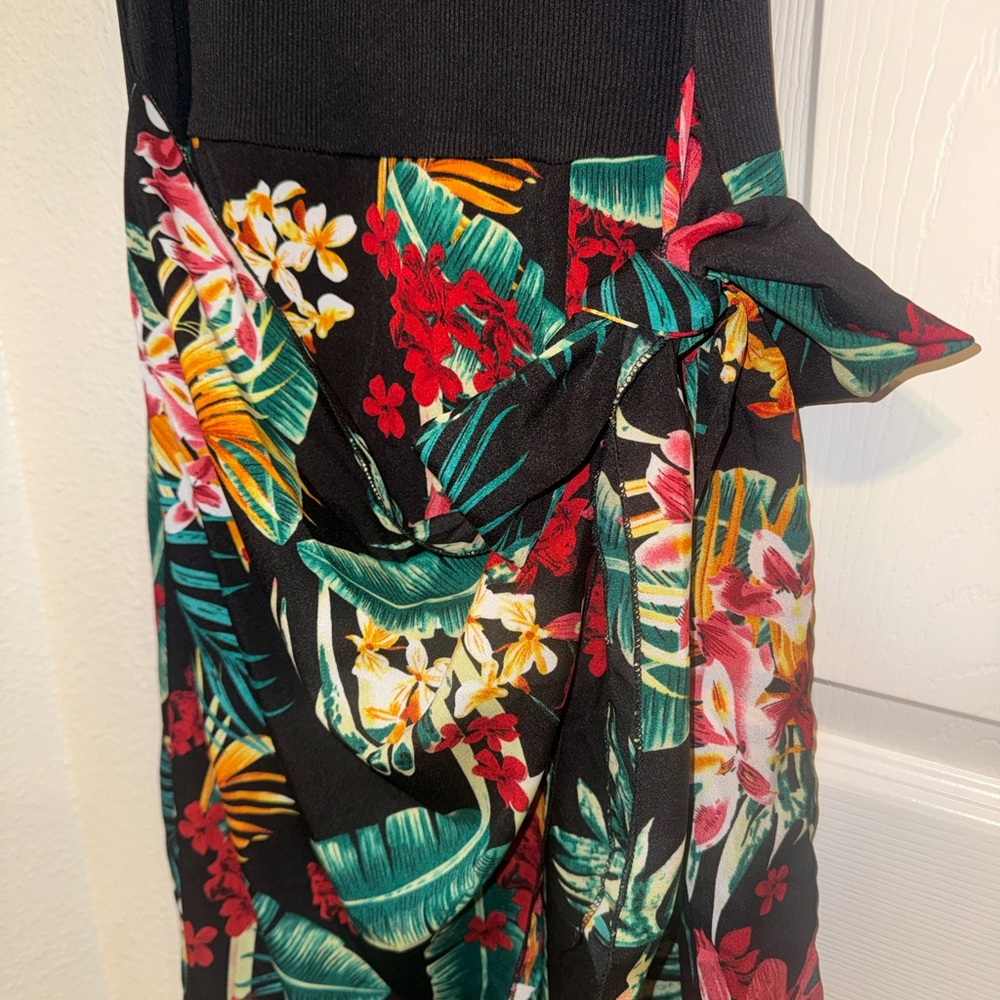 Black Tank Top with Tropical Floral Skirt Tie-Waist Dress
